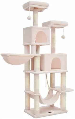 Taoqimiao Cat Tree, 66.2-Inch Cat Tower for Indoor Cats, Plush Multi-Level Cat Condo with 12 Scratching Posts, 2 Perches, 2 Caves, Hammock, 2 Pompoms, Jelly Pink MS013P