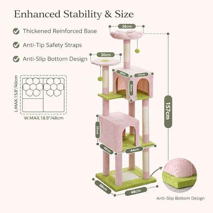 62" Flower Cat Tree for Large Cats, Multi-Level Cat Tower with 2 Plush Condos, Soft Bed, Scratching Posts & Pad, Padded Perch & 2 Hanging Pompoms for Indoor Cats,Pink