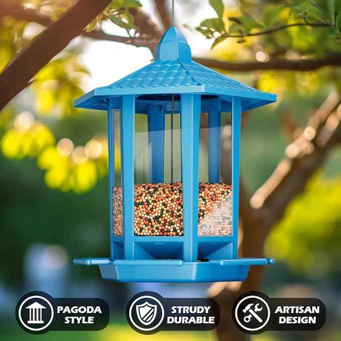 Birdream Bird Feeders for Outdoor Hanging, Fun Installation Pagoda Design Wild Birdfeeder, Attracting Wild Birds Sparrows Finch Cardinal Goldfinch Chickadee - Blue