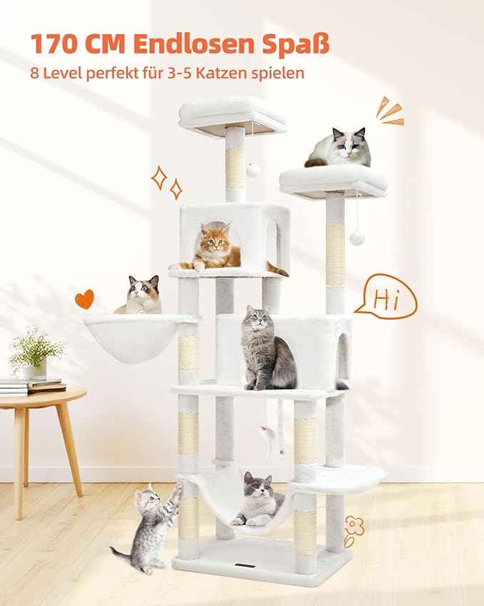 Taoqimiao Cat Tree, 66.2-Inch Cat Tower for Indoor Cats, Plush Multi-Level Cat Condo with 12 Scratching Posts, 2 Perches, 2 Caves, Hammock, 2 Pompoms, Cream White MS013C