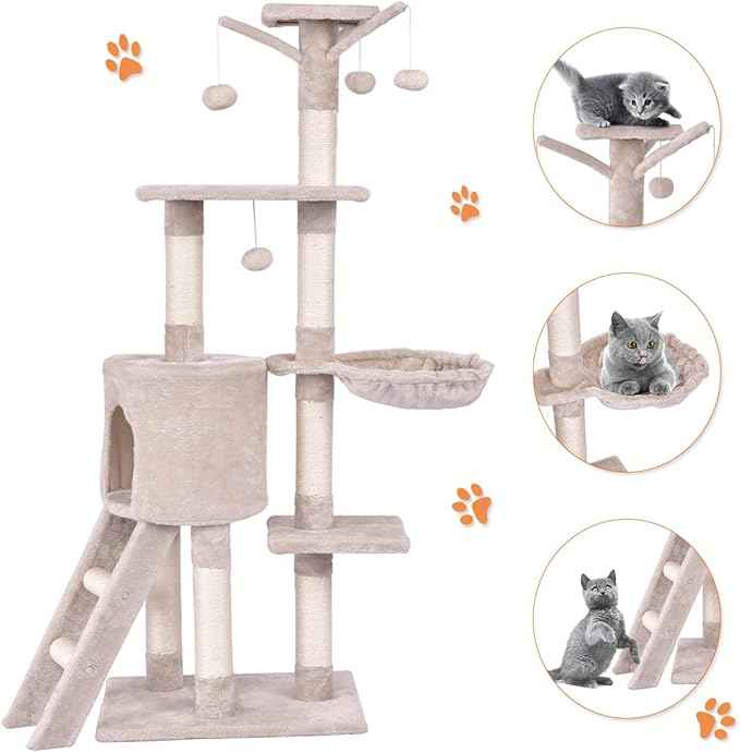 Tangkula 56 Inch Cat Tree - Multi-Level Cat Tower Condo with Sisal Scratching Post and Ladder, Large Cat Playground for Indoor Cats