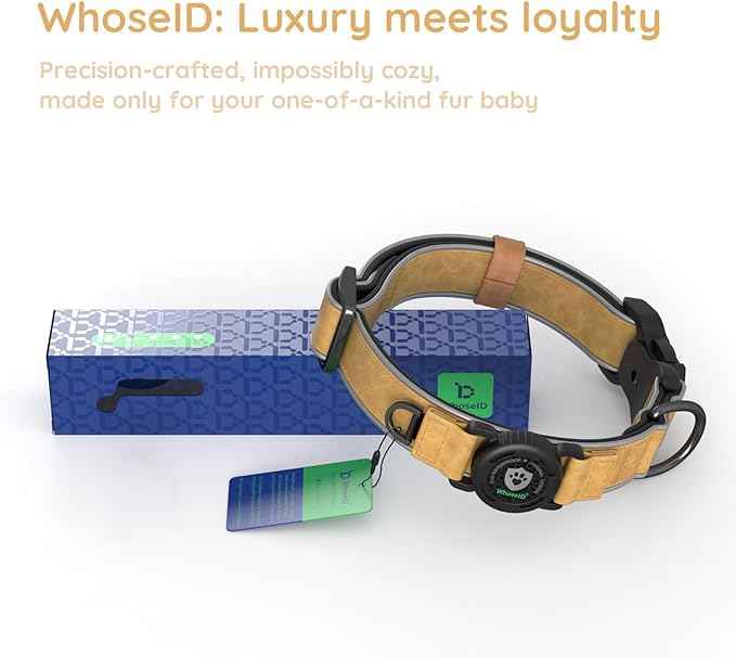 WhoseID Premium Leather Dog Collar - Waterproof AirTag Dog Collar | Magnetic Buckle Heavy Duty Collar | Medium Reflective Dog Collar with AirTag Holder
