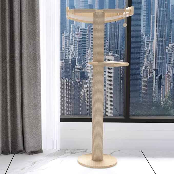 Cat Window Perch with Scratching Post Strong Supported - Large Hammock Bed for Cats Inside - Solid Wood Seat, Soft Cushion - Rustic Indoor Cat Tree Shelf for Sunbathing (Natural, Large 2)