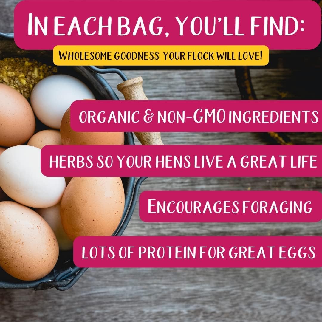 Pampered Chicken Mama Non-GMO Mealworm, Corn, Flax, & Herb Treat for Backyard Chickens, Healthy Layer Feed & Supplies for Pet Chickens Poultry Queen Treat for Hens (20 pounds)