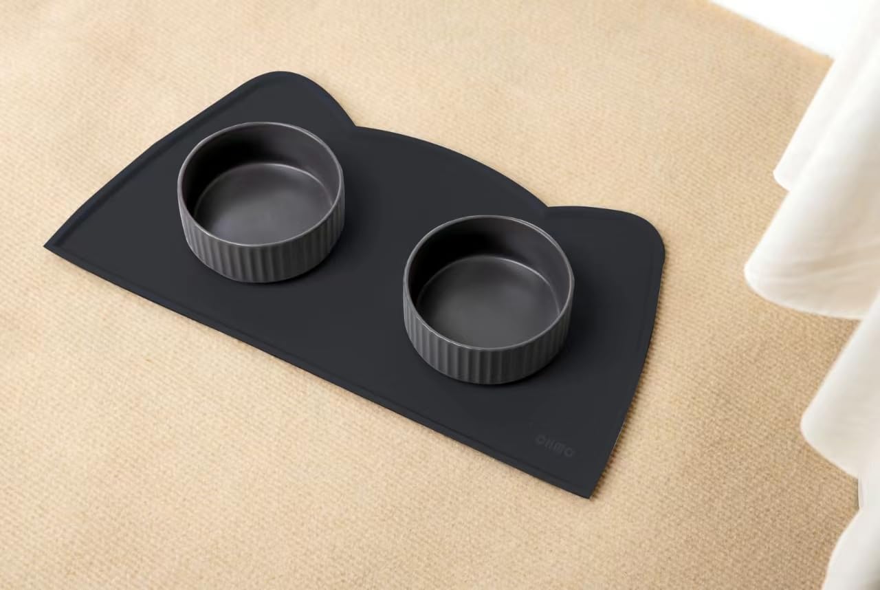 OHMO - Cat Food Mat, Silicone Pet Feeding Mat for Floor Non-Skid Waterproof Dog Water Bowl Tray, Easy to Clean Pet Placemat (Black, 20 * 12'')