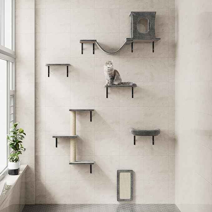 NUNU LAB Wall Mounted Cat Wall Shelves, 12-in-1 Cat Wall Climber with Condos House, Scratching Post, Bridge Ladder, Indoor Space-Saving Furniture for Kittens Play, Dark Gray