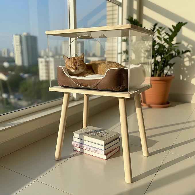Cat Bedside Table with Acrylic Guardrail | Modern Cat & Dog Bed | Multifunctional Pet Bedside Cabinet | Cat Beds for Indoor Cats