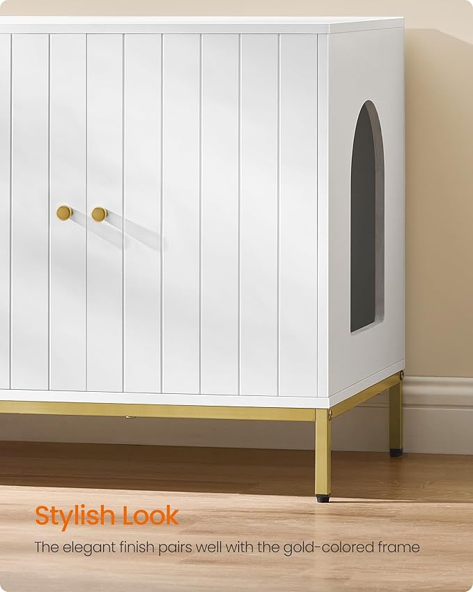 Feandrea Double Cat Litter Box Enclosure, Hidden Litter Box Furniture with Double Room, for 2 Cats, Modern Style, 47.2" Pet House Washroom Cabinet, Side End Table, TV Stand, White and Gold