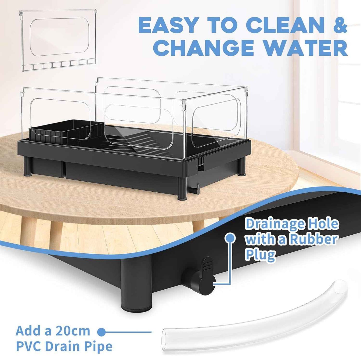 Small Turtle Tank Kit, Acrylic Turtle Tank Starter Kit with Basking Platform, Bottom Drainage, Multi-Function Areas for Turtles, Crabs, Crayfish, Small Reptiles. (Black+White)