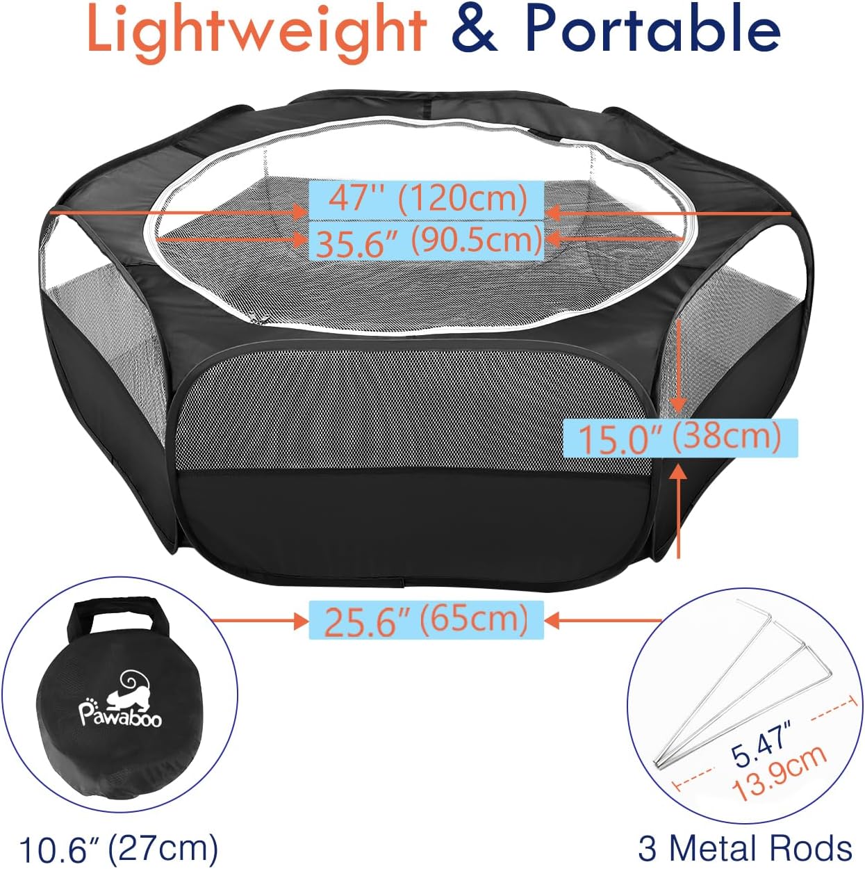 Pawaboo Small Animals Playpen, Waterproof Small Pet Cage Tent with Zippered Cover, Portable Outdoor Yard Fence with 3 Metal Rod for Kitten/Puppy/Guinea Pig/Rabbits/Hamster/Chinchillas, Black