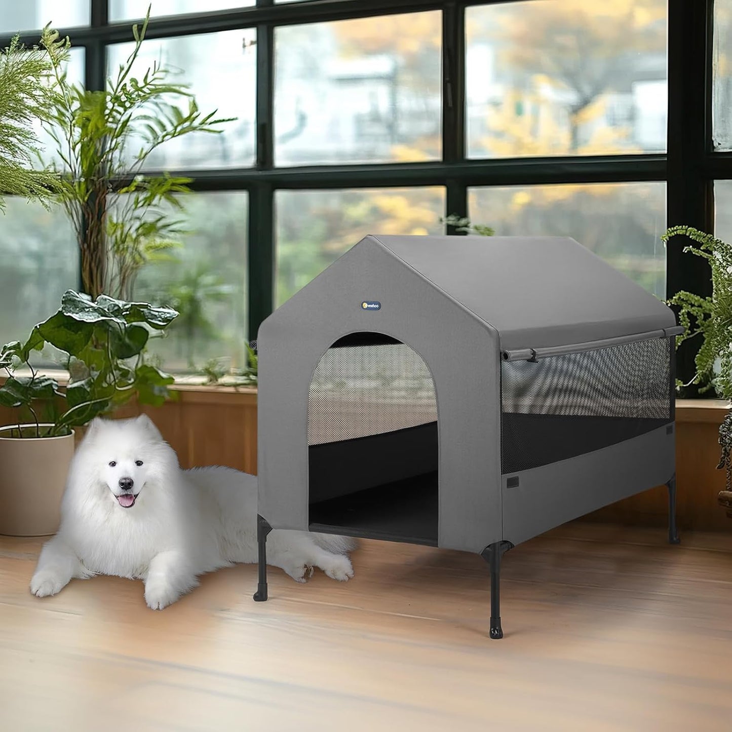 Veehoo 35" Dog House, 2-in-1 Large Dog House Outdoor Indoor Weatherproof, Outside Elevated Dog Cot Bed Dog Tent Shade, Three-Sided Breathable Mesh Windows and Sunshades, CWC2435CP