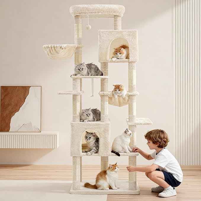 Heybly Cat Tree, 76-Inch Tall Heavy Duty Cat Tower for Big Cats with Extra Wide Baseboard, Multi-Level Large Cat Furniture with 2 Condos & 2 Hammocks, 10 Scratching Posts, Beige HCT039M
