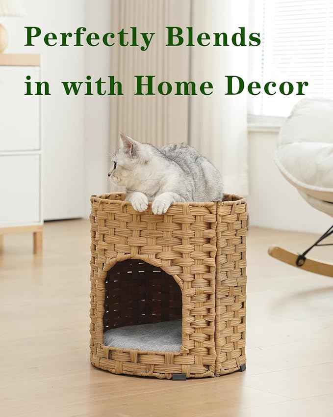 Cat House for Indoor Cat, Small Cat Houses Handwoven PE Rattan Kitten Cave, Pet Kitten Bed Covered, One Bed Pad, 13 x 13 x 13.7 Inches, Foldable Hideaway in Living Room Gray