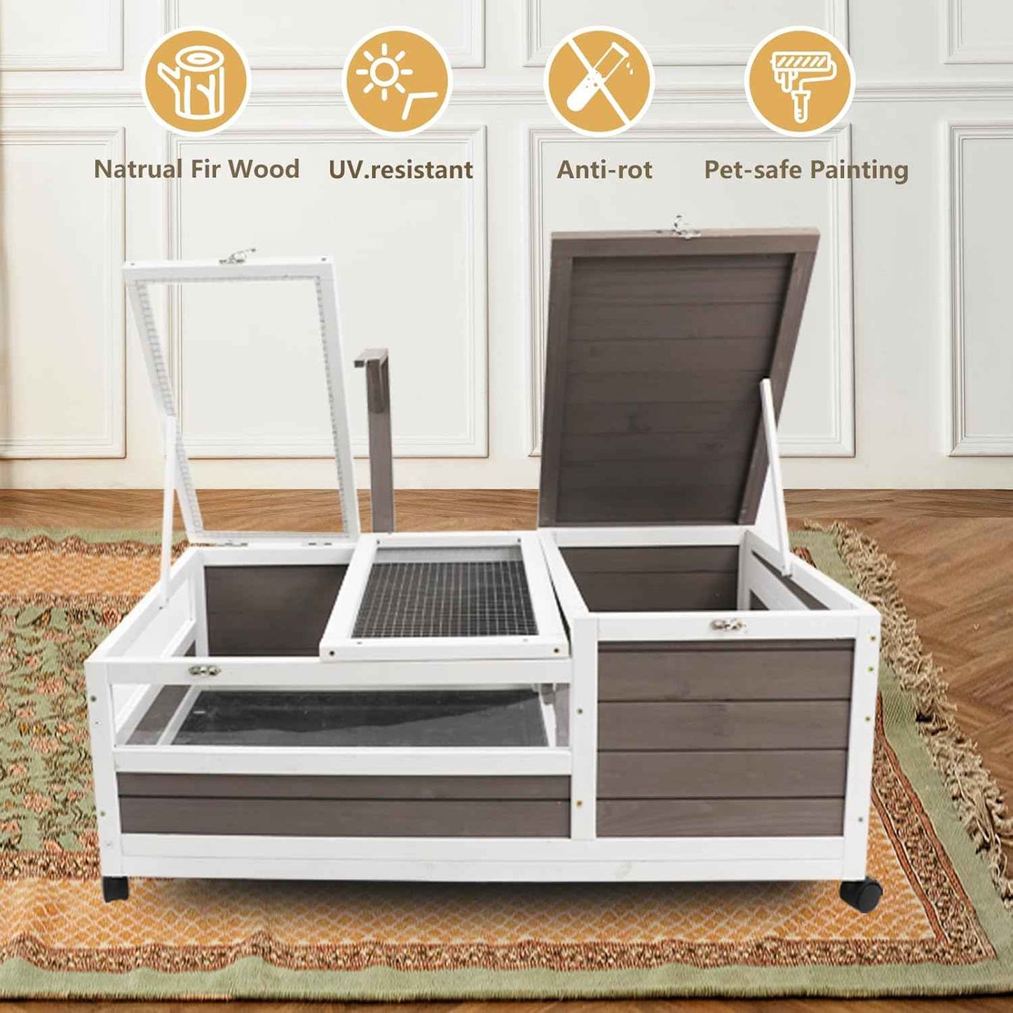 Tortoise Habitat Cage on Wheels with Lamp Stand & Pull-Out Waterproof Tray – Large Wooden Tortoise House, Indoor Outdoor Reptile Enclosure 39''L*23''W*14''H