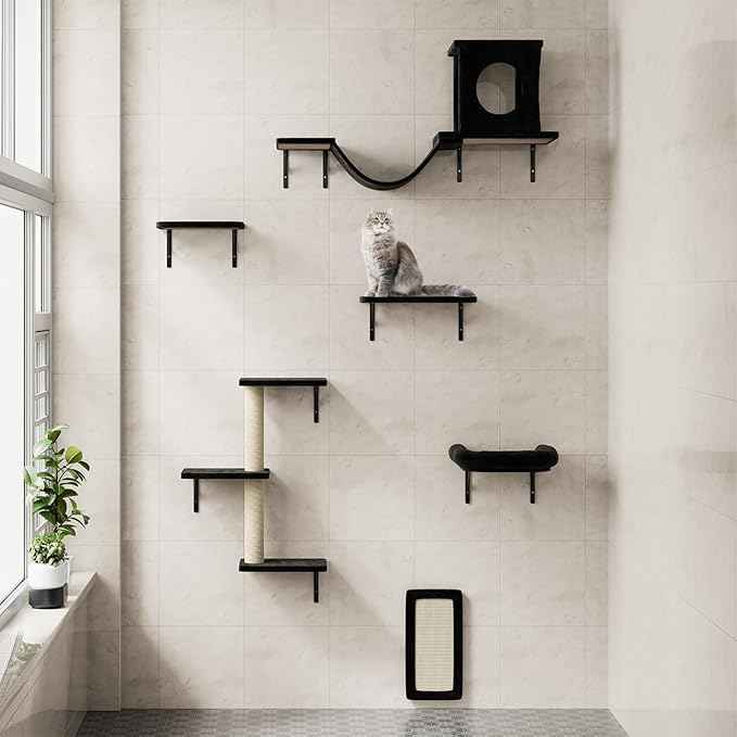 NUNU LAB Wall Mounted Cat Wall Shelves, 12-in-1 Cat Wall Climber with Condos House, Scratching Post, Bridge Ladder, Indoor Space-Saving Furniture for Kittens Play, Black
