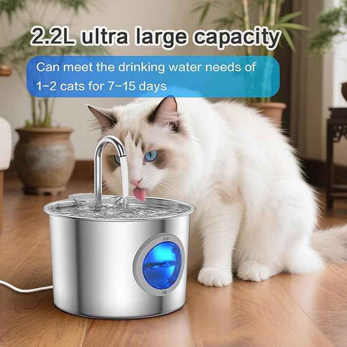 Cat Water Fountain Advanced 304 Stainless Steel 2.2L/74oz with Detachable Tank, Easy to Clean, Automatic Pet Fountain Quiet Cats Water Dispenser, Dogs (74oz Cat Fountain)