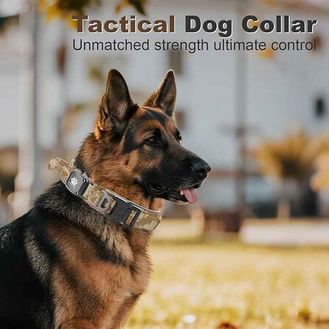 2026 Upgrade Dog Collar with IPX8 Waterproof AirTag Holder,Military Tactical Handle and Ultra-Durable Metal Buckle/Night Reflective,GPS Collar for Medium to Large Dogs (Camouflage Khaki/XL)