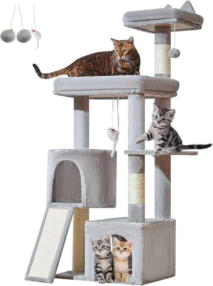 Taoqimiao Cat Tree for Indoor Cats, 55.1In Sturdy Cat Tower, Large Platform, Rotatable Round Condo with Large Scratch Board, Extended Cat House, Thickened Full-Sisal Scratching Post, Light Gray, F10W