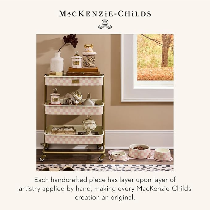 MACKENZIE-CHILDS Enamel Pet Bowl, Cute Cat and Dog Bowl for Food and Water, Small, Pink-and-White Rosy Check