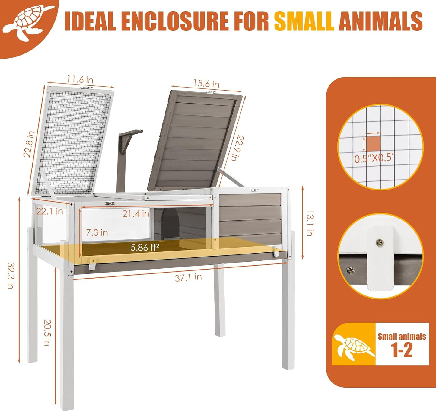 Tortoise Habitat Large Wooden Tortoise Enclosure Habitat with No-Leaking Tray Indoor & Outdoor, Reptile Cage for Small Animals TOR03-Grey - FurryFun