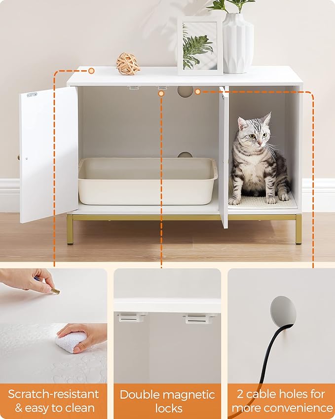 Feandrea Cat Litter Box Enclosure, Hidden Litter Box Furniture with Scratch Pad, Front Entry, Double Cabinet Doors, Modern Style, 31.5" Cat House Washroom Side End Table, White and Gold