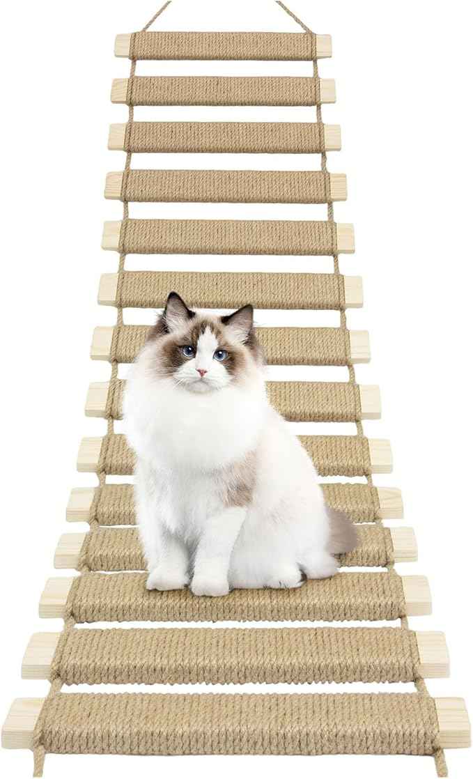 40in Cat Ladder & Bridge, Outdoor Cat Tree with Jute Rope, Multi-Level Climbing Frame & Scratcher for Indoor/Outdoor Cats (Wood Tone, 40in)