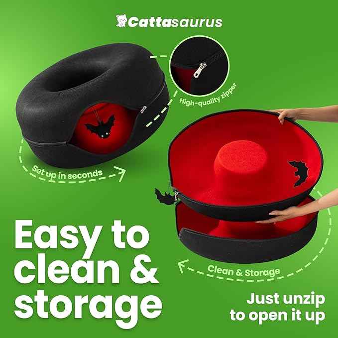 Cattasaurus Unique Peekaboo Cat Cave for Multiple & Large Cats Up to 30-45 Lbs, Scratch Detachable & Washable Tunnel Bed, Gothic Bat Donut Cat Cave (Duo Large Set)