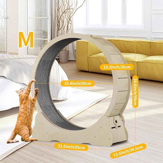 Homegroove 35.4 Inch Cat Exercise Wheels for Indoor Cats, Versatile Cat Toy Running Wheel Treadmill with Detachable Carpet for Weight Loss and Health, Natural Wood Color(M)