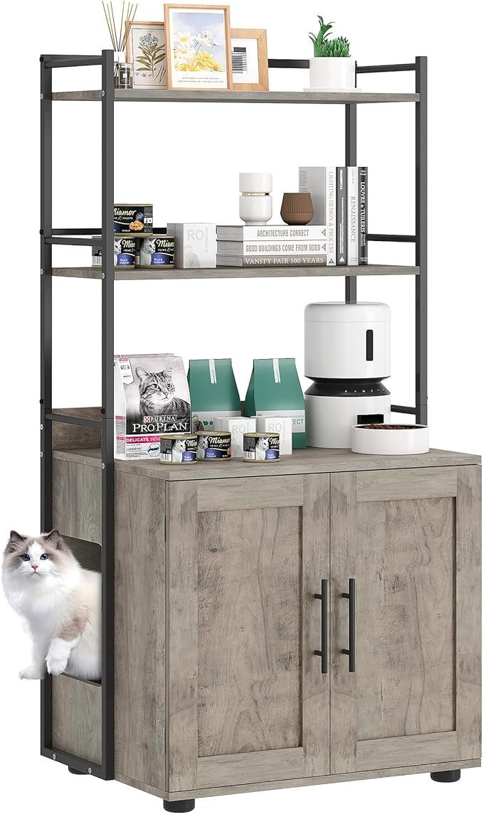 Cat Litter Box Enclosure, Hidden Litter Box Furniture with 3 Storage Shelves and Doors, Rustic Indoor Cat Cabinet, Multi-Functional Storage for Food, Cats Toilet Furniture