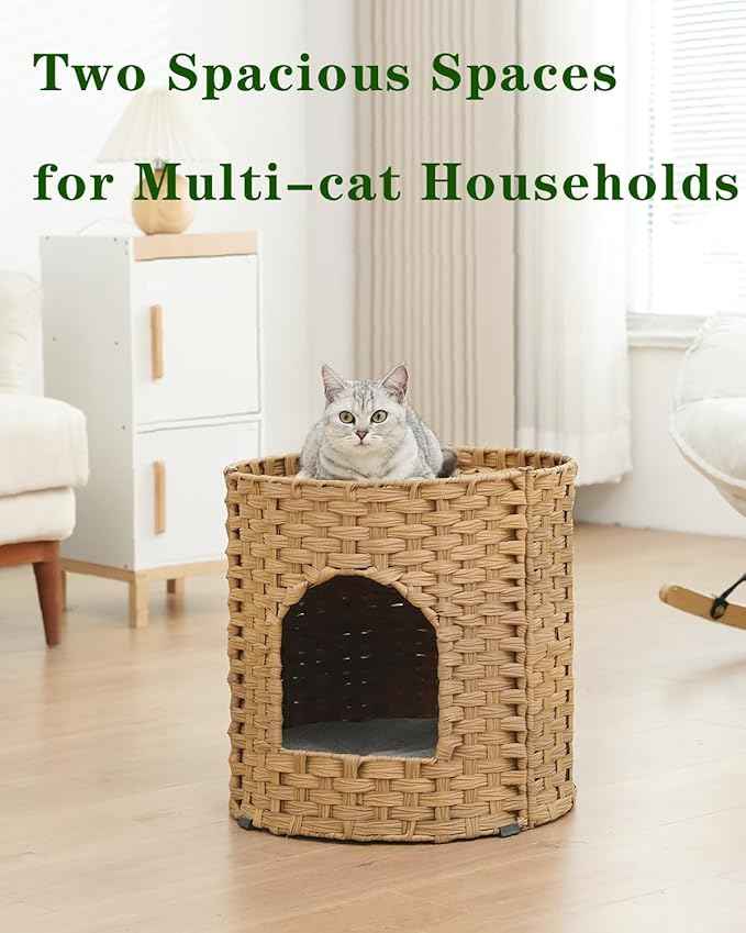 Cat House for Indoor Cat, Large Double Cat Houses Cat Bed Cave, Handwoven Rattan Pet Beds with One Soft Pad, 17 x 17 x 17 Inches Foldable Kitten Hideaway in Living Room Natural