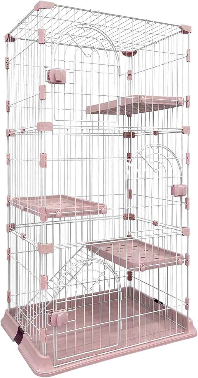 Cat Cage 3-Tier Indoor Cat Enclosure with Widen Bottom Buckle & Reinforced Locking Clamps DlY Cat Playpen for 2-3 Cats & Small Pets,33" Lx 24" W X 64" H (Pink, Three-Tier64)