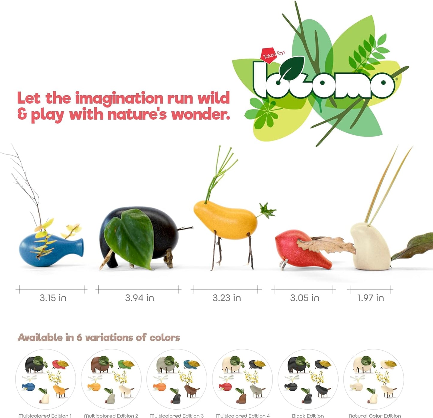 Taksa Toys Locomo Family 1 Open-Ended Waldorf Educational Outdoor Play Figures, Wooden Animal Montessori Toys for Kids 3 4 5 6 7+ for Childs Learning & Creativity Year Old, Gifts (Set of 5)