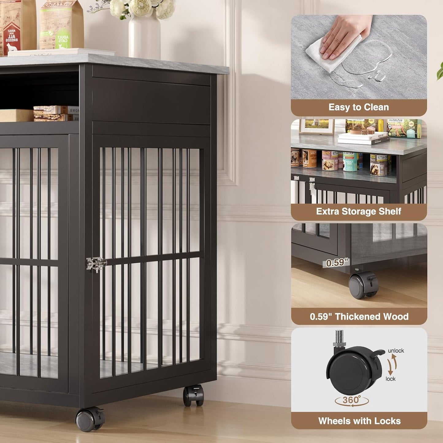 39.4" Dog Crate Furniture for Medium and Large Breed, Dog Kennel Furniture with Storage Shelf & Lockable Wheels, Heavy Duty Wooden End Side Table Pet Cage Indoor, Chew-Resistant, Grey