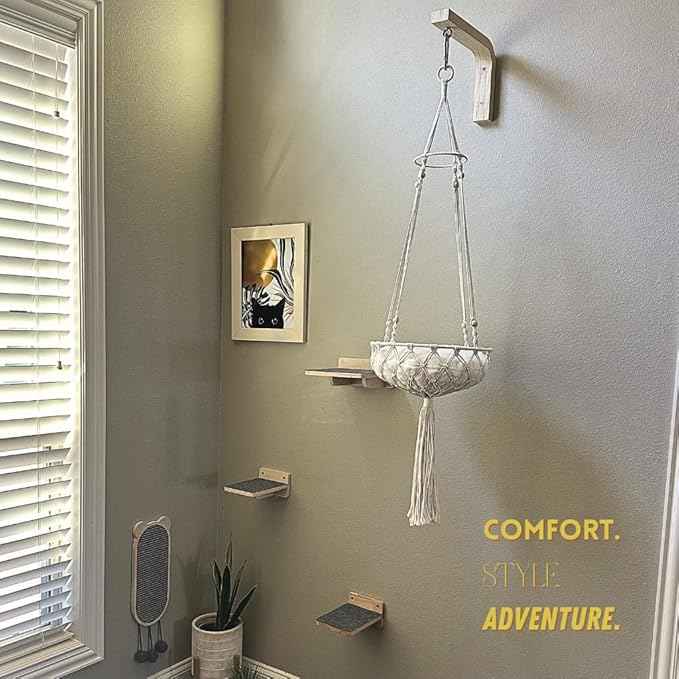Modern Cat Wall Furniture Set – 5-Piece Hanging Shelves with Macramé Bed, Scratcher & Climbing Steps – Boho Wooden Cat Wall for Indoor Cats