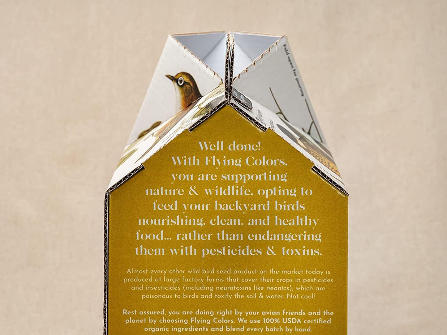 Flying Colors Premium Organic Wild Bird Seed | Squirrel-Proof Safflower Seed | 100% USDA Organic, No Fillers, No Pesticides | 3 Gallon Easy-Pour Carton