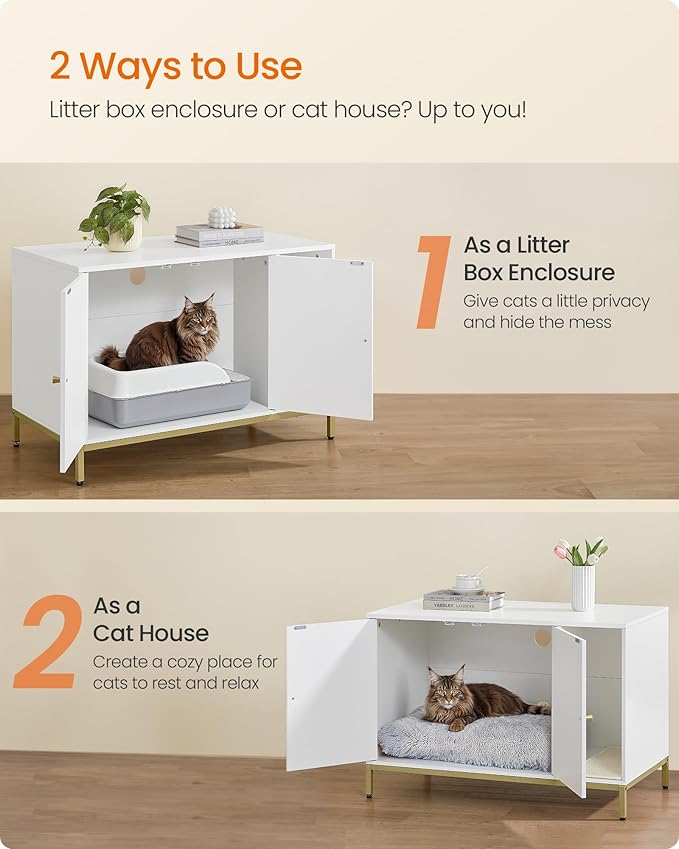 Feandrea Cat Litter Box Enclosure, Hidden Litter Box Furniture with Scratch Pad, Front Entry, Double Cabinet Doors, Modern Style, 35.4" Cat House Washroom Side End Table, White and Gold