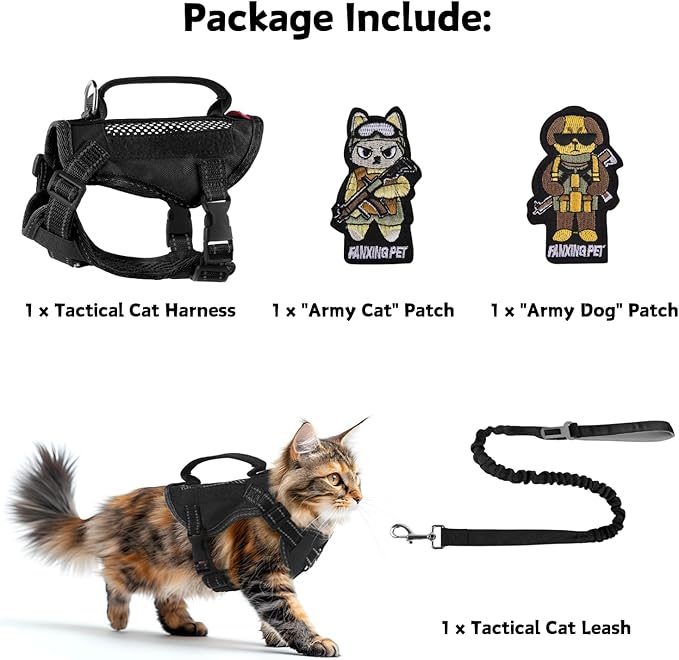 Cat Harness and Leash Set for Walking Escape Proof Adjustable Reflective Large Cat Tactical Harness with Patches Breathable Summer Vest Soft Mesh Padding Handle Easy to Control (Black, M)