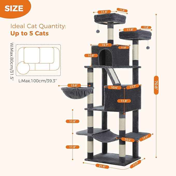 70.8" Tall Cat Tree for Large Cats, Multi-Level Cat Tower with 8 Sisal Scratching Posts, 2 Top Perches, Big Condo, Large Hammock, and Cat Furniture for Indoor Cats, Dark Gray