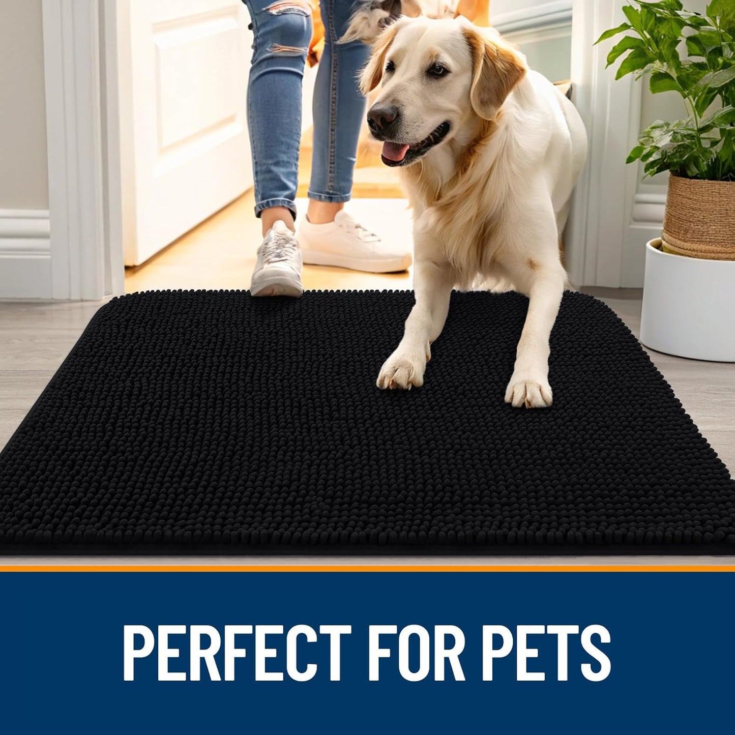 OLANLY Dog Door Mat for Muddy Paws 30x17, Absorbs Moisture and Dirt, Absorbent Non-Slip Washable Doormat, Quick Dry Chenille Mud Mat for Dogs, Entry Indoor Entryway Carpet for Inside Floor, Black