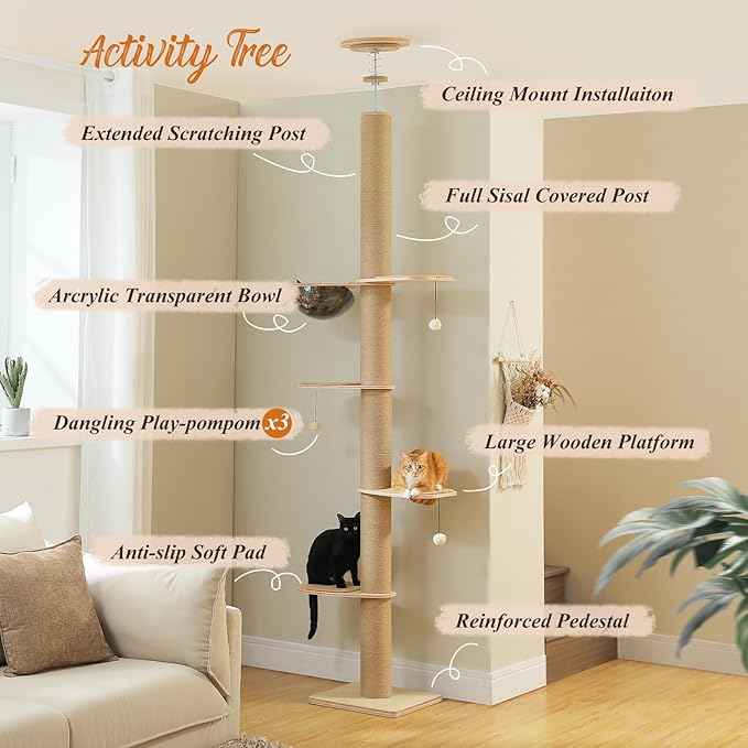 PETEPELA Floor to Ceiling Cat Tree, Adjustable Height(79-103'') Solid Wooden Tall Cat Tower for Indoor Cats with Sisal Scratching Post, Acrylic Bowl and Play Pompom, Wooden Beige