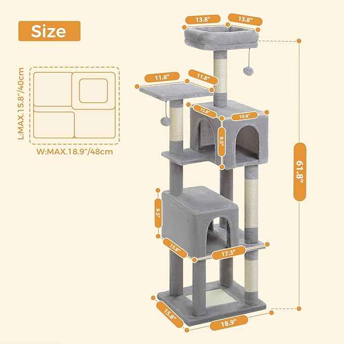 62" Cat Tree for Adult Cats - Multi-Level Tower with 2 Condos, Scratching Posts, Plush Bed & Pompoms, Gray