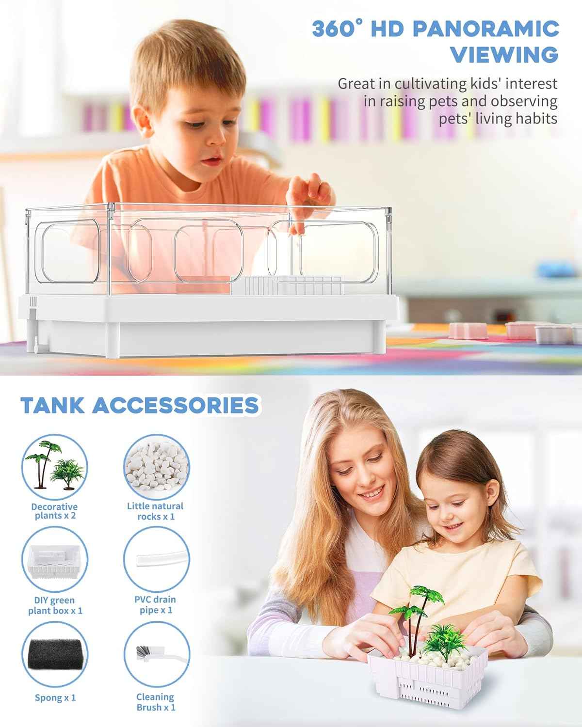 Small Turtle Tank with Filter, Turtle Aquarium, Acrylic Turtle Terrarium with Basking Platform, Bottom Drainage, Multi-Function Areas for Turtles, Crayfish, Small Reptiles.(Tank+Filter)
