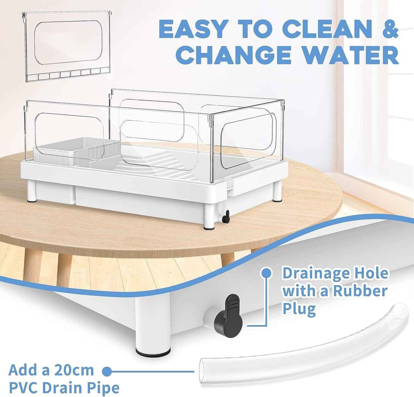 Small Turtle Tank Kit(Tank+Light+Filter), Acrylic Turtle Tank Starter Kit with Basking Platform, Bottom Drainage, Multi-Function Areas for Turtles, Crayfish, Small Reptiles.(White+Black)
