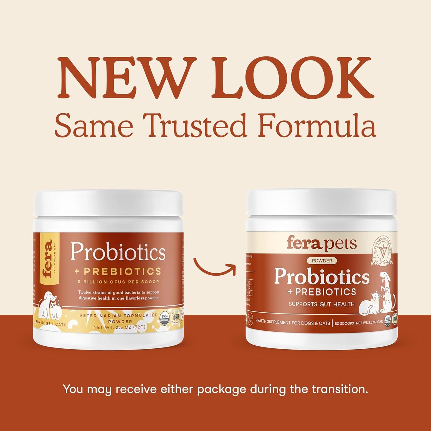 Fera Pets Probiotics for Dogs & Cats with Prebiotics - USDA Organic - Gut Health Powder Supplement with 12 Strains and 5 Billion CFUs - Supports Immunity, Energy and Skin & Coat - 60 Scoops