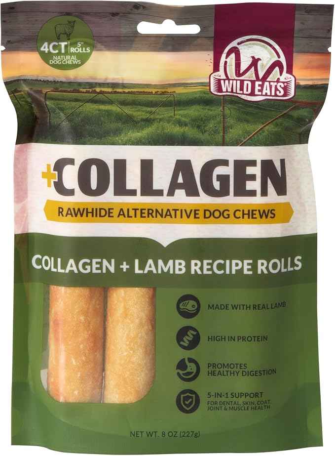 Wild Eats Lamb Flavor Collagen Retriever Style Cheek Rolls 5" Dog Chews-4 Pack (Long Lasting Dog Chews Treats & Bones for Medium Dogs) Substitute for Pig Ears for Dogs