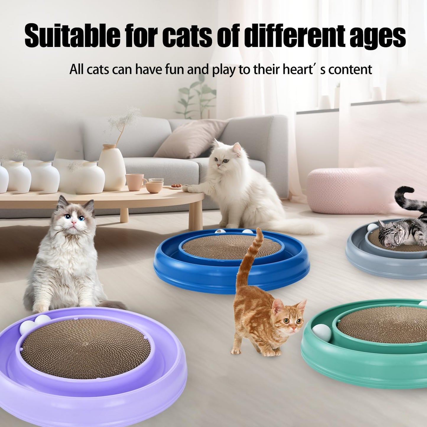 Interactive Cat Scratcher with Two Rotating Balls,Durable Scratch Pad for Indoor Play,Cardboard Cat Scratcher Pad with Cat Toy Ball Track and Catnip,2-in-1 Cat Toy (Blue)
