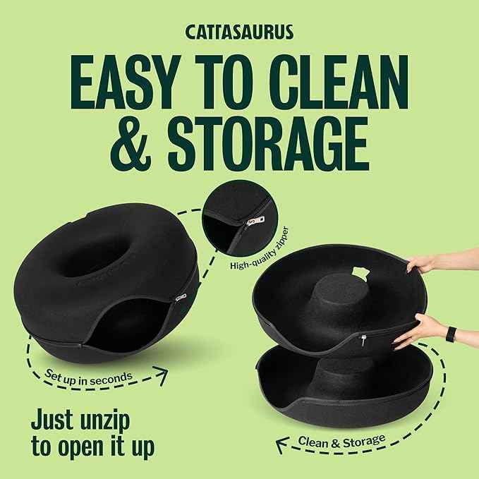 Cattasaurus Peekaboo Cat Cave Donut for Multiple & Large Cats up to 30-45 lbs, 3-in-1 Self Warming Cat Bed, Tunnel & Scratcher for Indoor Cats, Washable & Detachable Small Dog Bed (Black, Large)