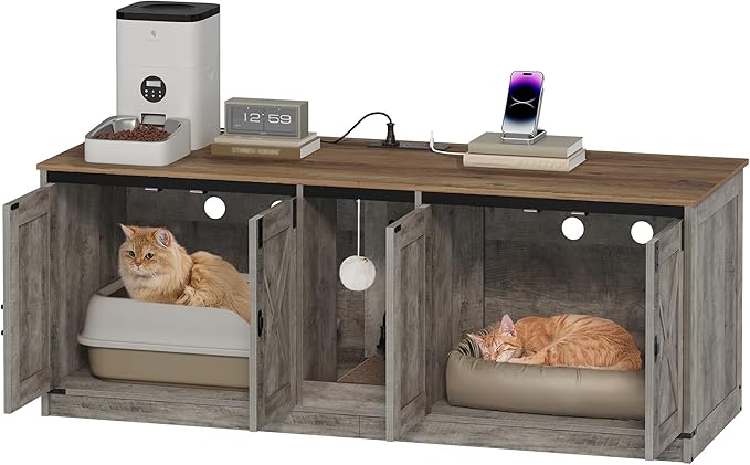 55" L Cat Litter Box Enclosure for 2 Cats, Double Hidden Litter Box Furniture with Scratch Pad, Wooden Cat Cabinet with USB Ports & Power Outlets, Farmhouse TV Stand, Greige CB82505X