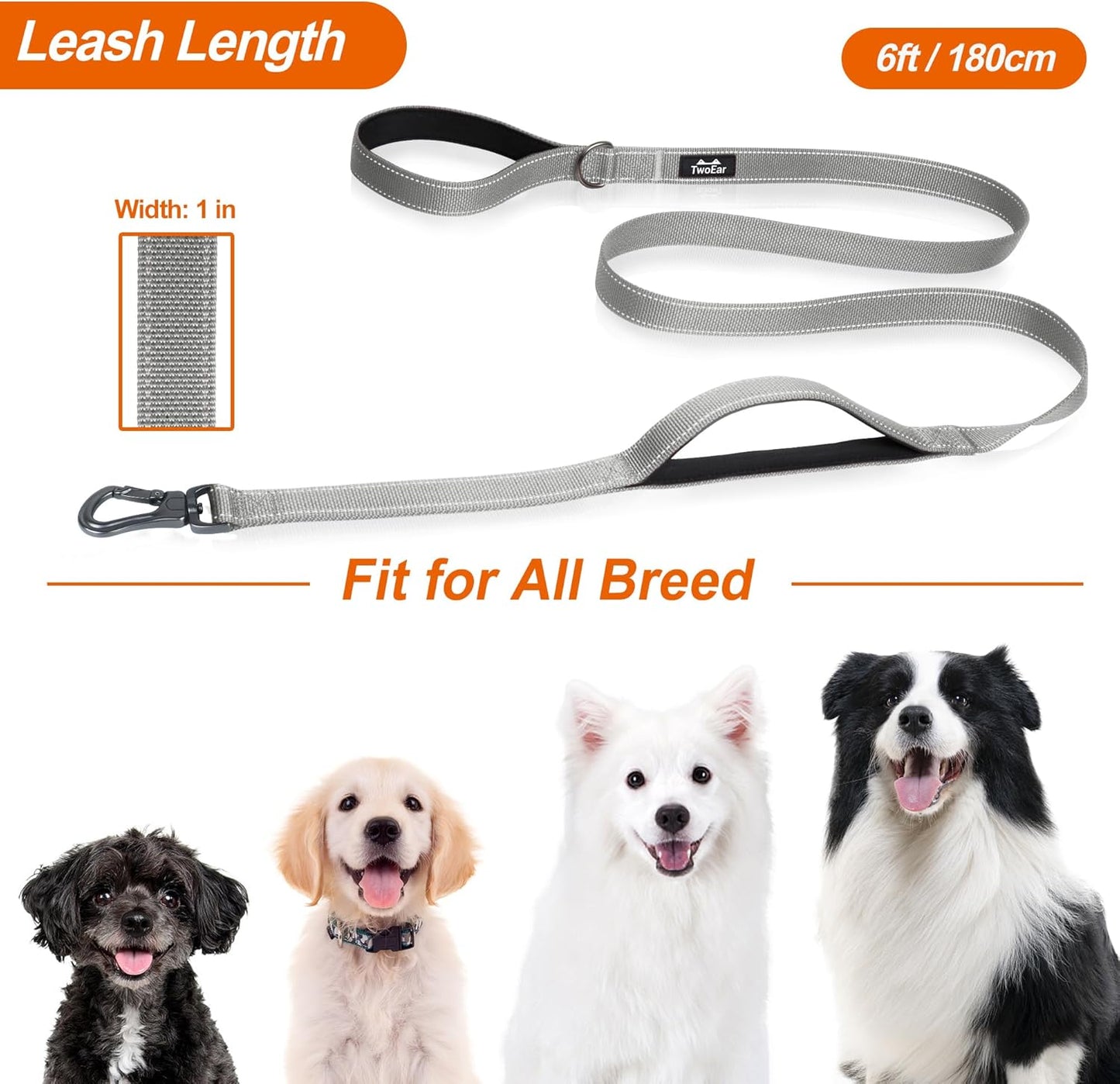 TwoEar 6FT 1IN Strong Gray Dog Leash with 2 Padded Handles, Traffic Handle Extra Control, Comfortable Soft Dual Handle, Auto Lock Hook, Reflective Walking Lead for Small Medium and Large Dogs
