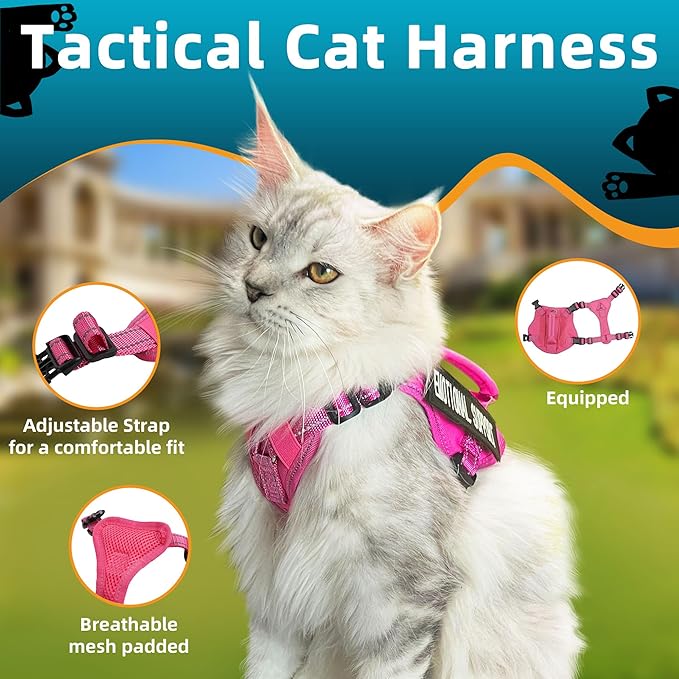 Tactical Cat Harness Pink for Walking Esacpe Proof,Adjustable Soft Mesh Large Cat Vest with Rubber Handle Easy to Control,Molle Patches XL